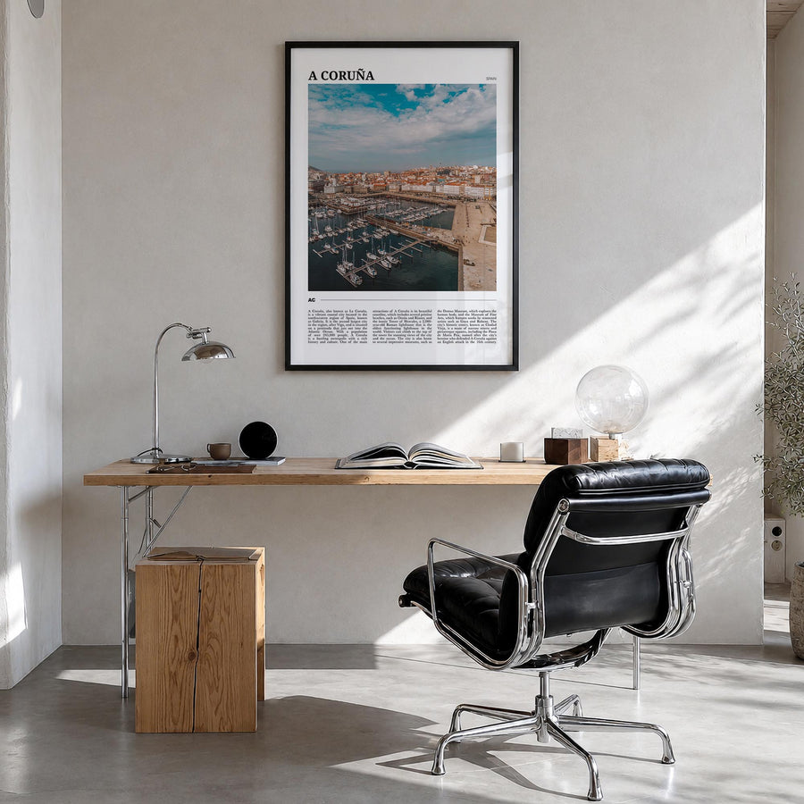 A Coruña colorful travel poster of Spain – vertical wall art in black wood frame, hanging on wall