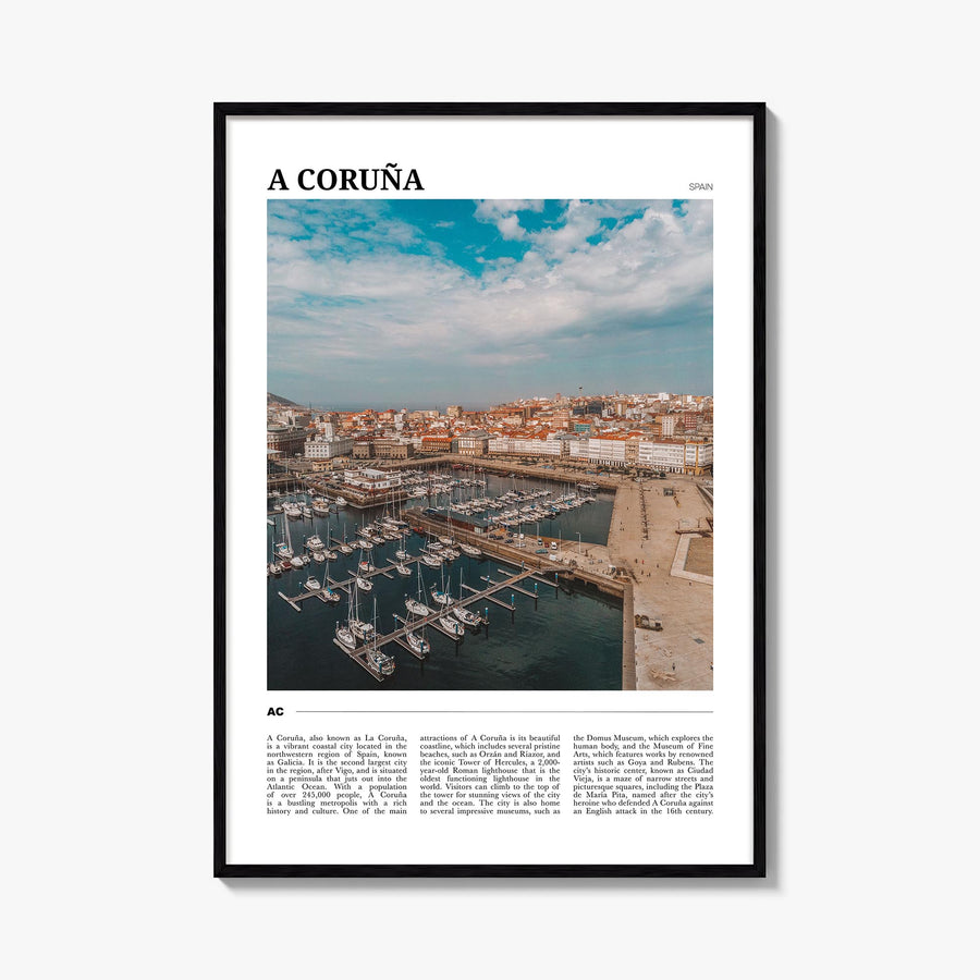 A Coruña colorful travel poster of Spain – vertical wall art, unframed print shown in interior mockup