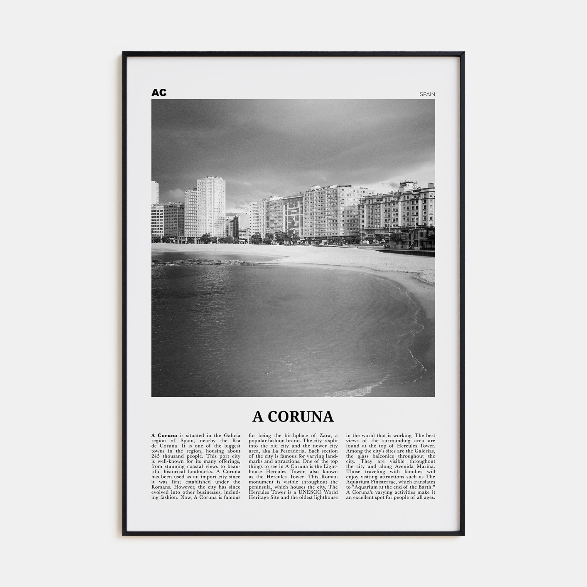 A Coruña Poster None / 8x12 in Nbourhood Travel B&W Poster