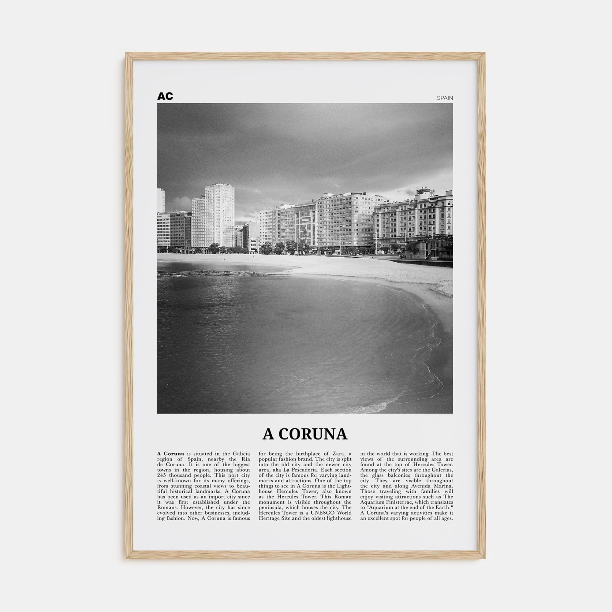 A Coruña Poster Natural Wood / 8x12 in Nbourhood Travel B&W Poster