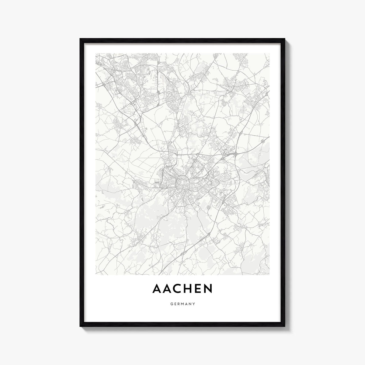 Aachen black & white map poster of Germany – vertical wall art, unframed print shown in interior mockup