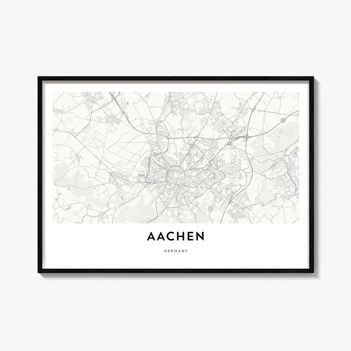 Aachen black & white map poster of Germany – horizontal wall art, unframed print shown in interior mockup