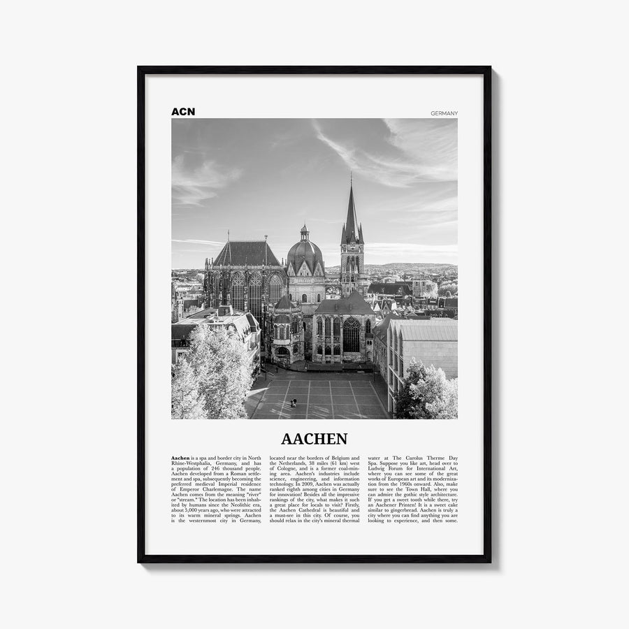 Aachen black & white newspaper poster of Germany – vertical wall art, unframed print shown in interior mockup