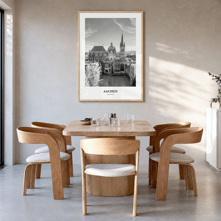 Aachen Classic Poster in a natural wood frame, hanging in a dining room