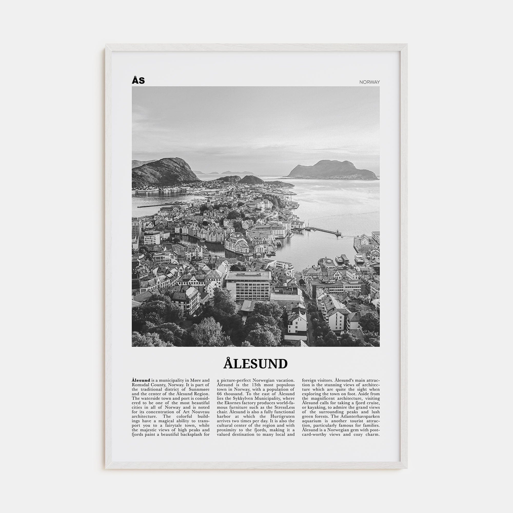 Aalesund Poster White Wood / 8x12 in Nbourhood Travel B&W Poster