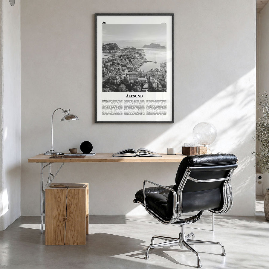 Ålesund Newspaper Poster in a black wood frame, hanging in a bright home office