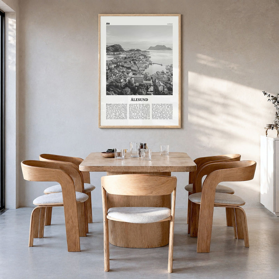 Ålesund Newspaper Poster in a natural wood frame, hanging in a dining room