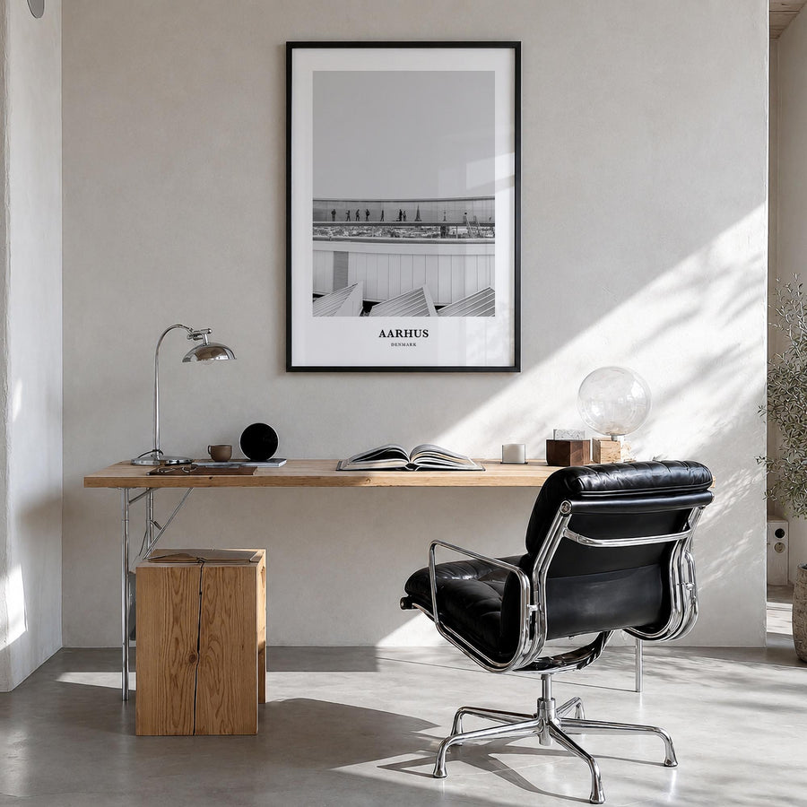 Aarhus no. 1 black & white classic poster of Denmark – vertical wall art in black wood frame, hanging on wall