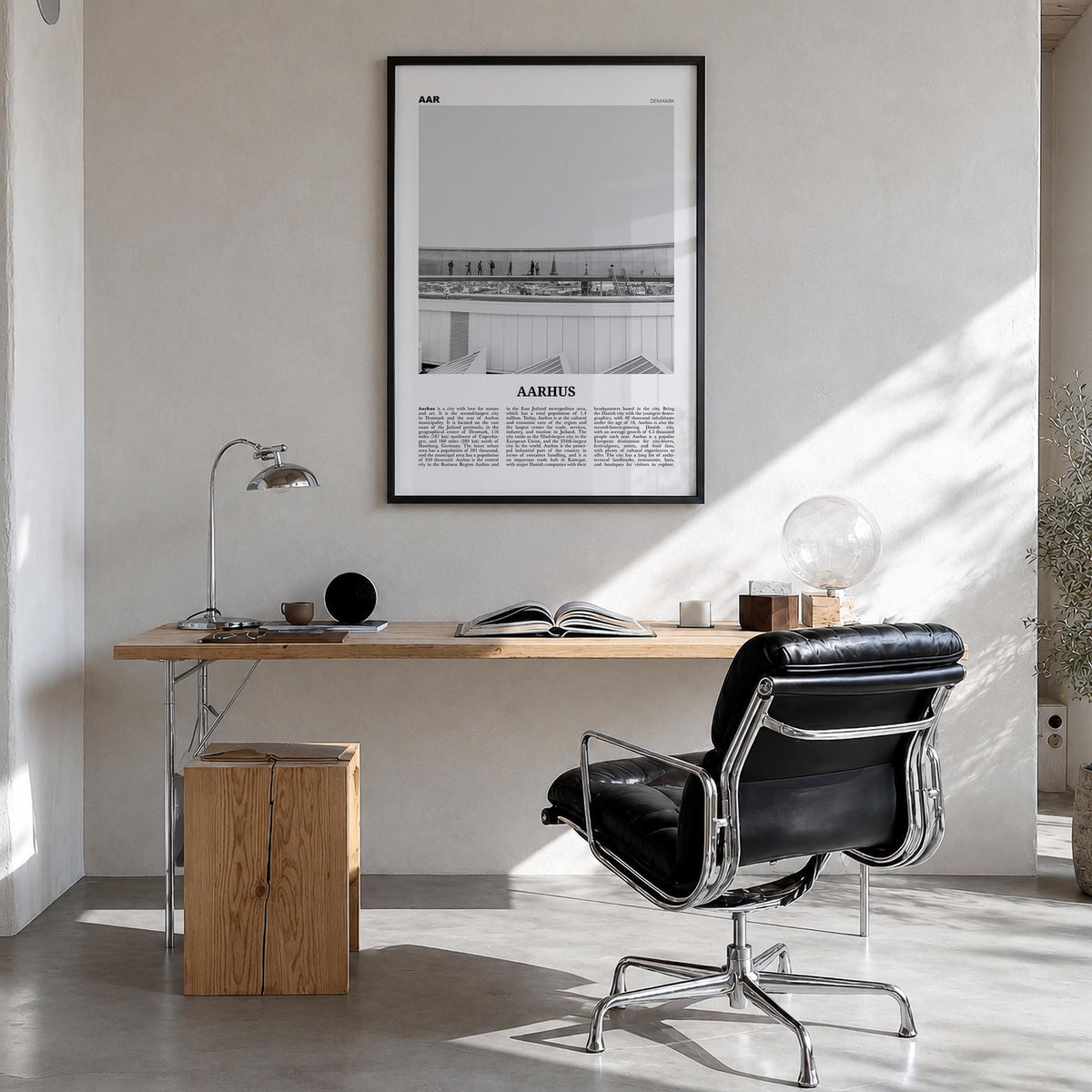 Aarhus no. 2 black & white newspaper poster of Denmark – vertical wall art in black wood frame, hanging on wall