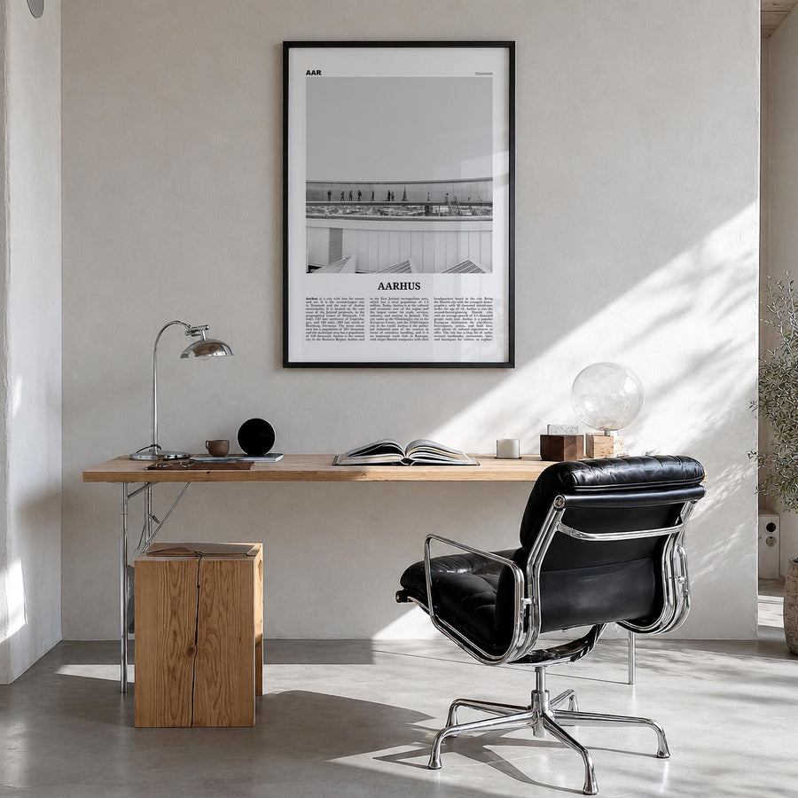 Aarhus no. 2 black & white newspaper poster of Denmark – vertical wall art in black wood frame, hanging on wall