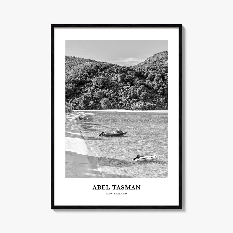 Abel Tasman National Park black & white classic poster of New Zealand – vertical wall art, unframed print shown in interior m