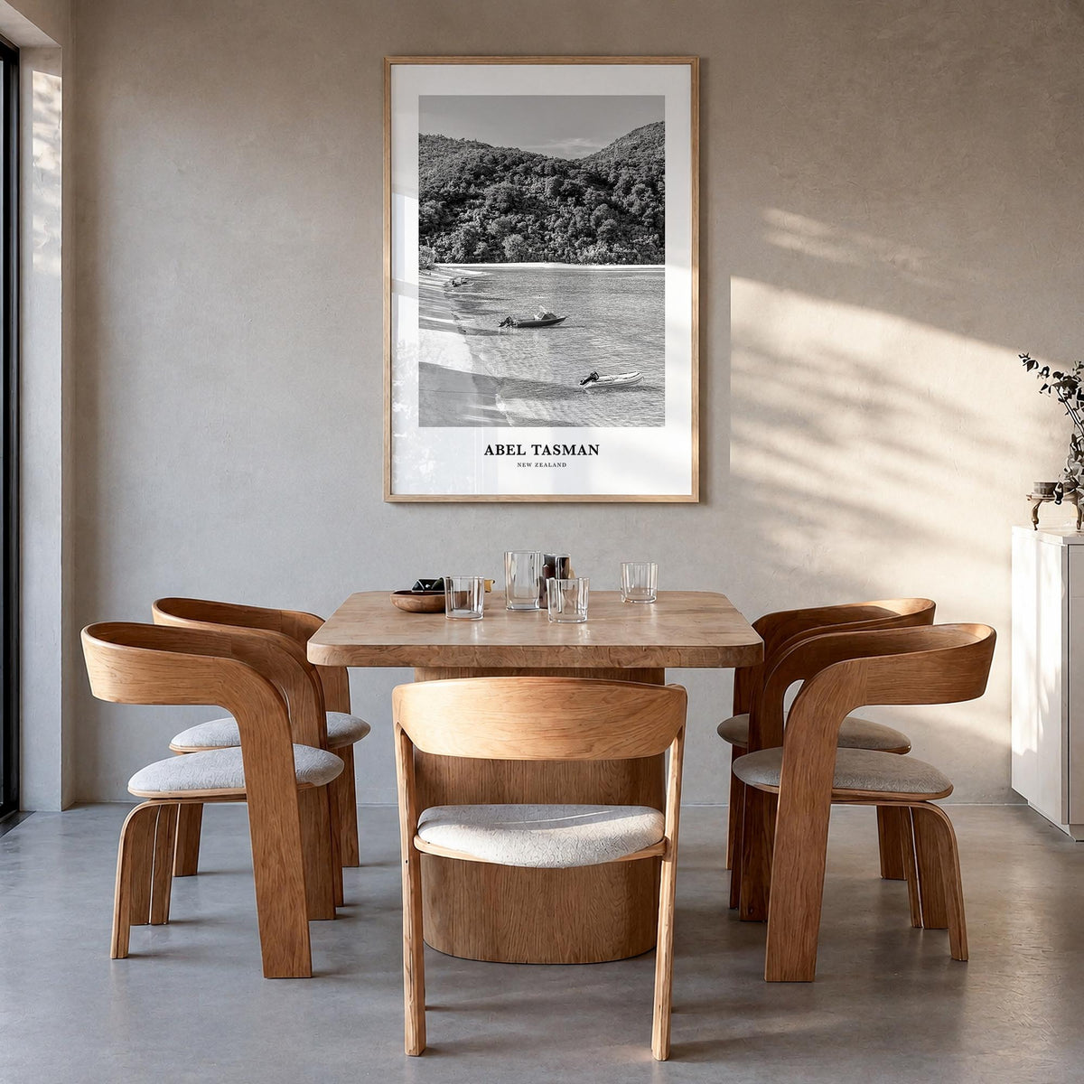 Abel Tasman National Park black & white classic poster of New Zealand – vertical wall art in natural wood frame, hanging on w