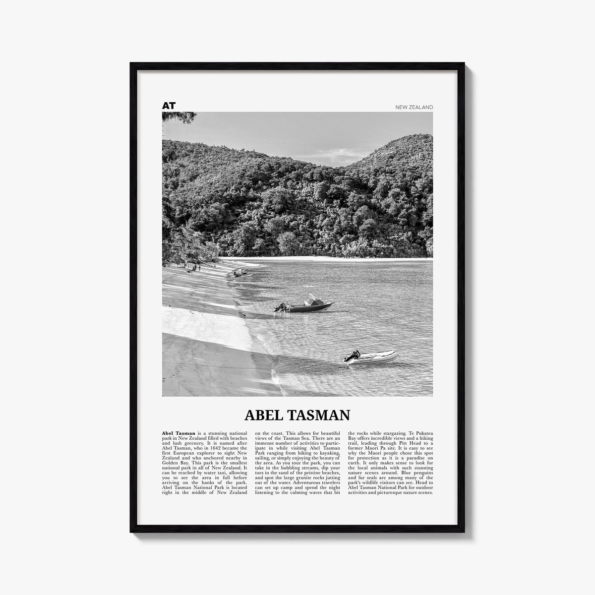 Abel Tasman National Park black & white newspaper poster of New Zealand – vertical wall art, unframed print shown in interior