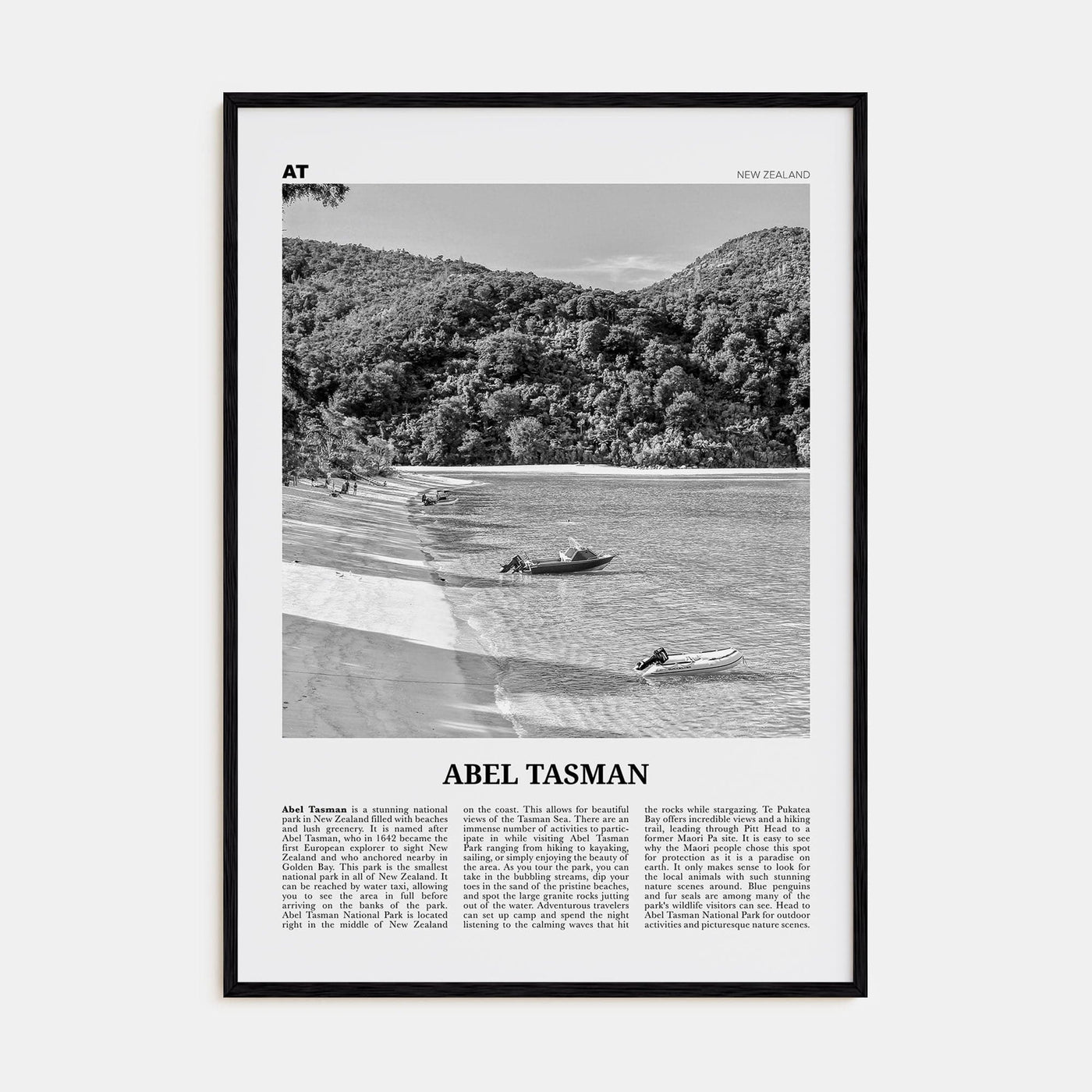 Abel Tasman National Park Poster Black Wood / 8x12 in Nbourhood Travel B&W Poster