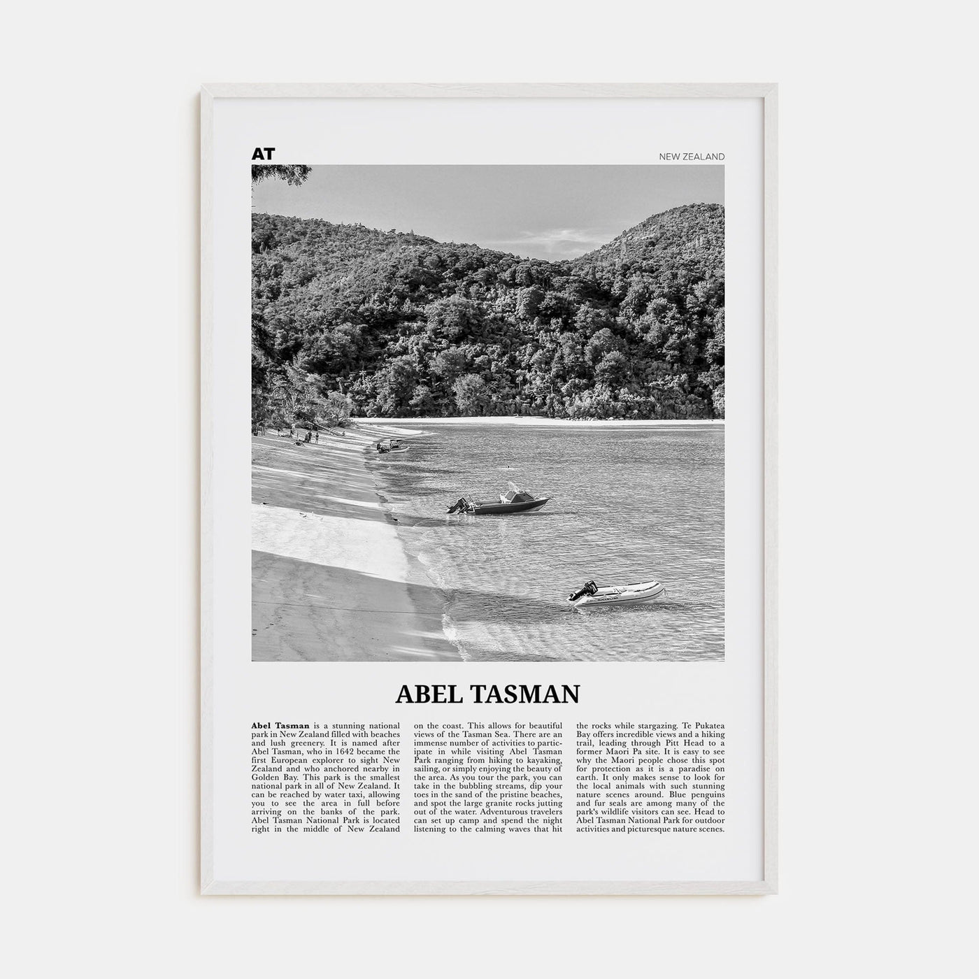 Abel Tasman National Park Poster White Wood / 8x12 in Nbourhood Travel B&W Poster