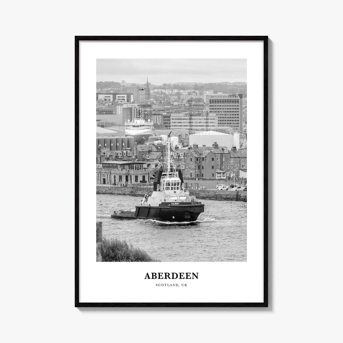 Aberdeen black & white classic poster of Scotland, UK – vertical wall art, unframed print shown in interior mockup