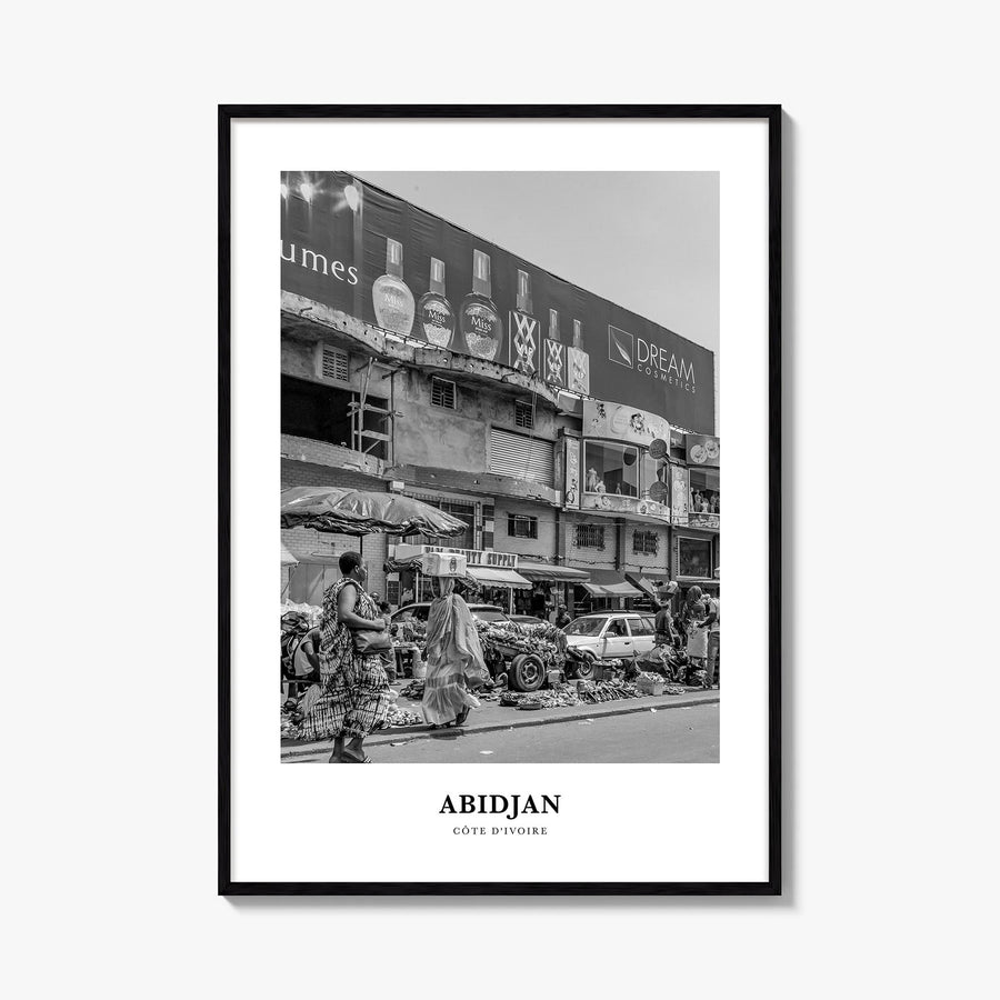 Abidjan black & white classic poster of Côte d'Ivoire – vertical wall art, unframed print shown in interior mockup