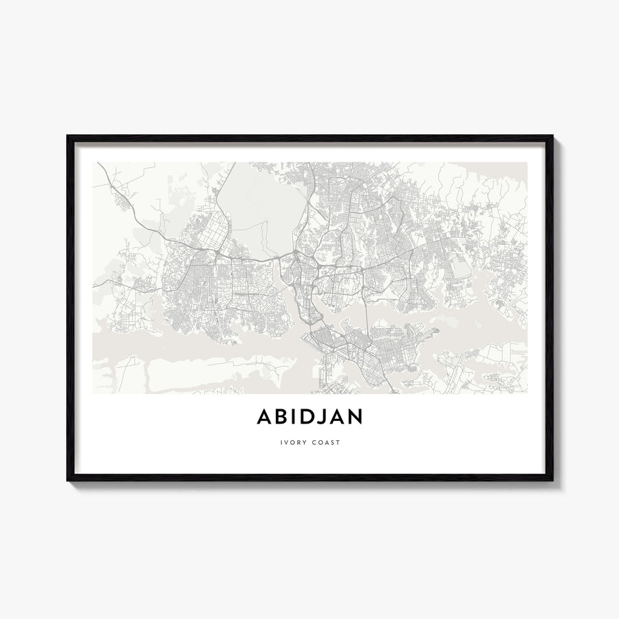 Abidjan black & white map poster of Côte d'Ivoire – horizontal wall art, unframed print shown in interior mockup