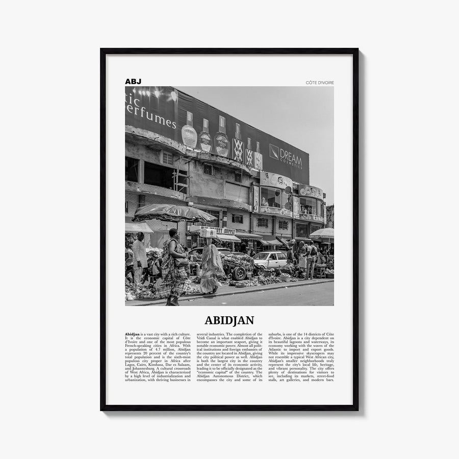 Abidjan black & white newspaper poster of Côte d'Ivoire – vertical wall art, unframed print shown in interior mockup