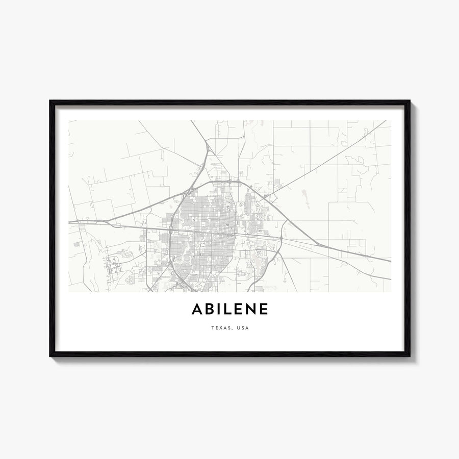 Abilene black & white map poster of Texas, USA – horizontal wall art, unframed print shown in interior mockup