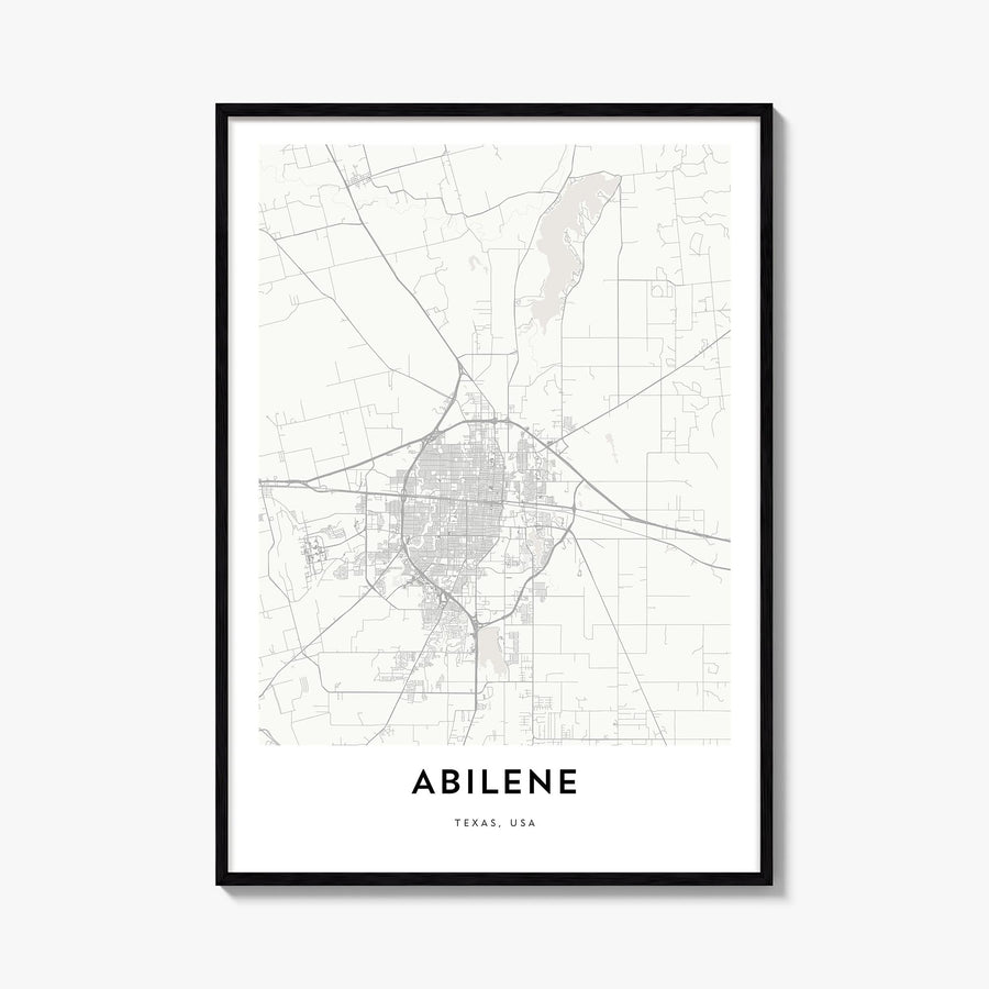 Abilene black & white map poster of Texas, USA – vertical wall art, unframed print shown in interior mockup