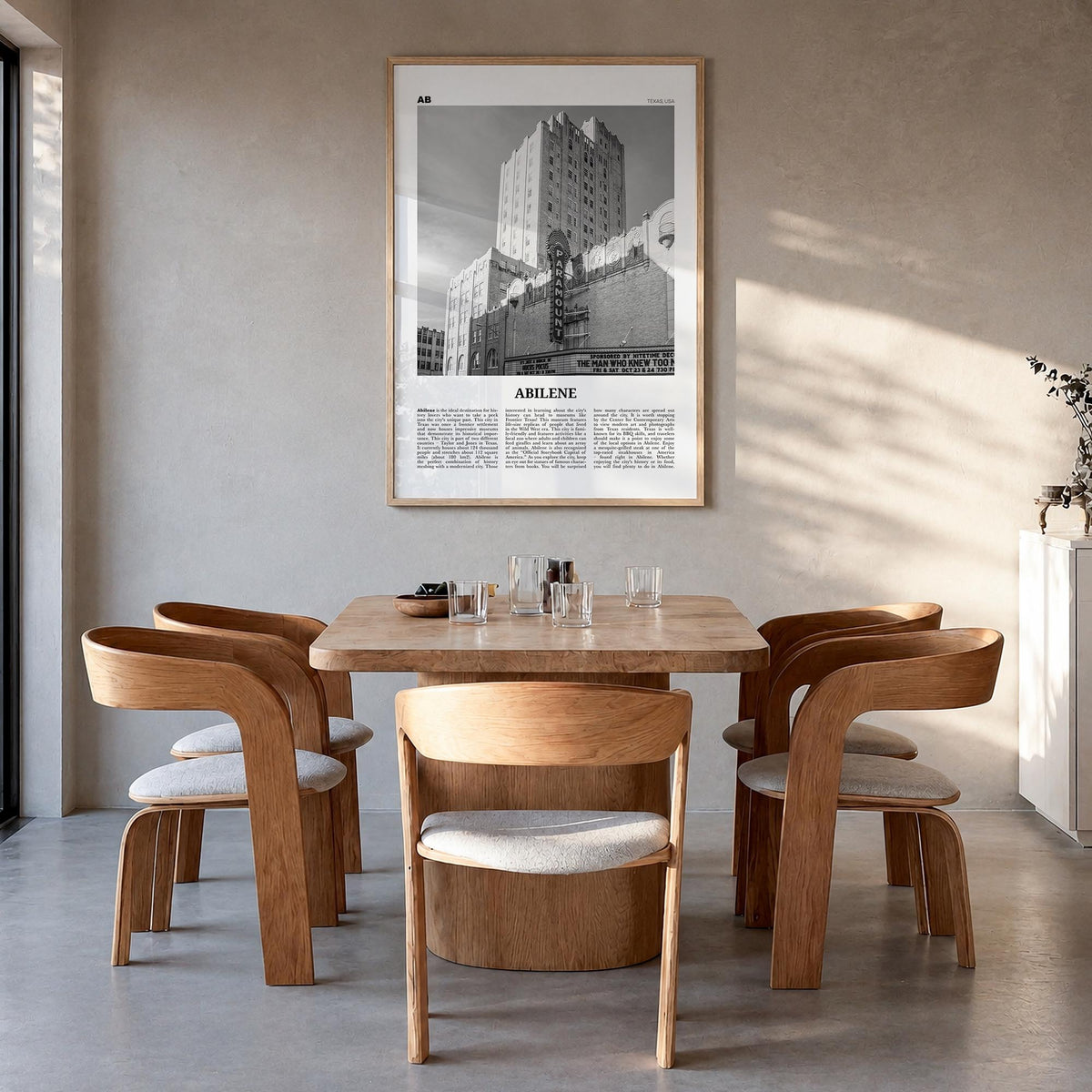Abilene black & white newspaper poster of Texas, USA – vertical wall art in natural wood frame, hanging on wall