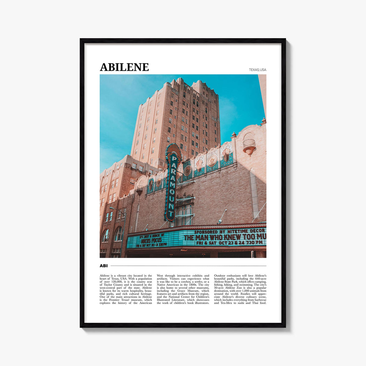 Abilene colorful travel poster of Texas, USA – vertical wall art, unframed print shown in interior mockup