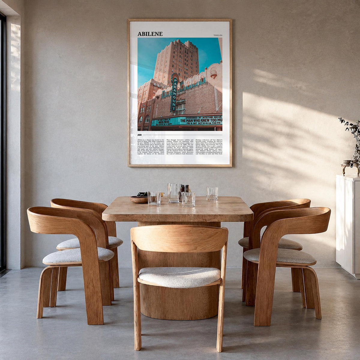Abilene colorful travel poster of Texas, USA – vertical wall art in natural wood frame, hanging on wall