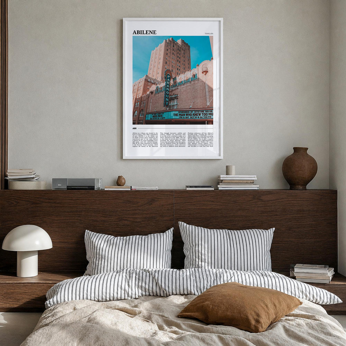 Abilene colorful travel poster of Texas, USA – vertical wall art in white wood frame, hanging on wall