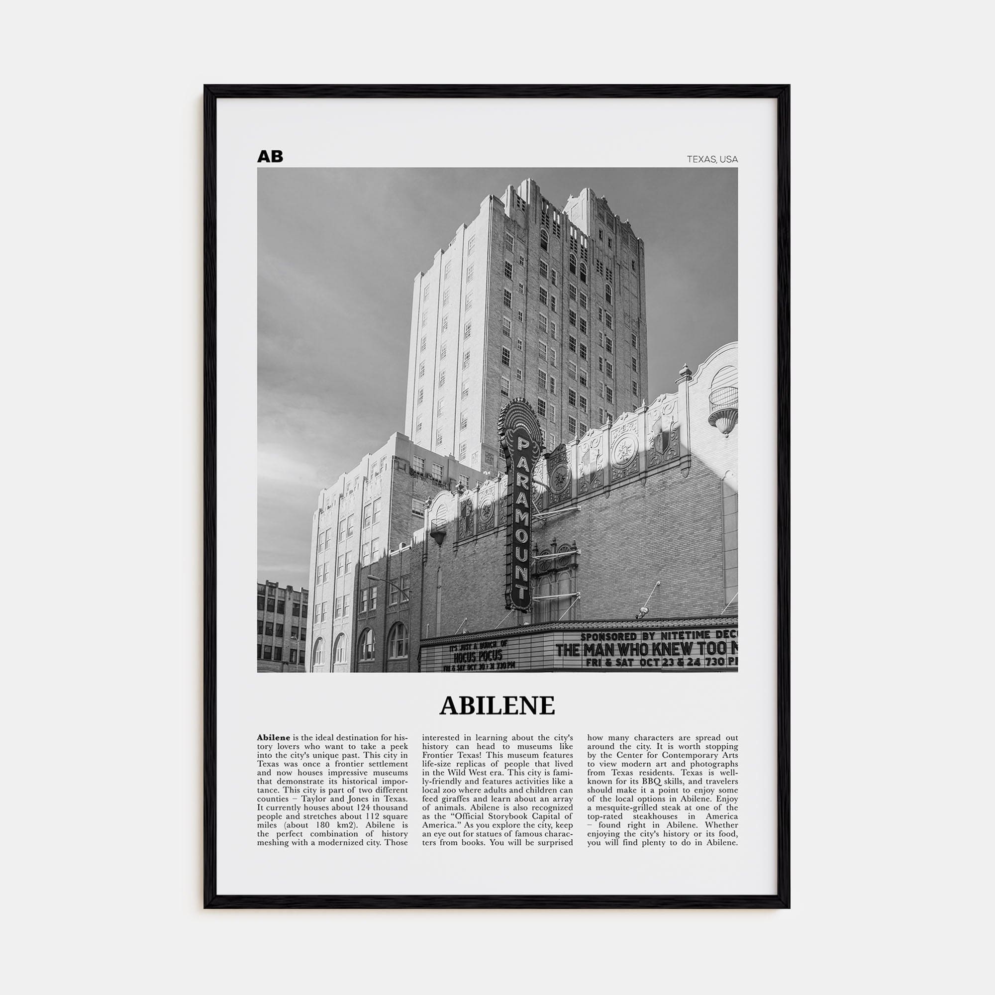 Abilene Poster Black Wood / 8x12 in Nbourhood Travel B&W Poster