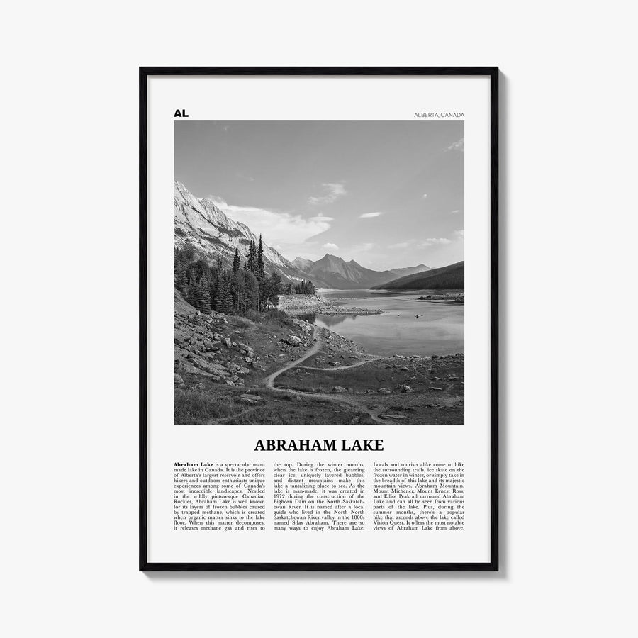 Abraham Lake black & white newspaper poster of Canada – vertical wall art, unframed print shown in interior mockup