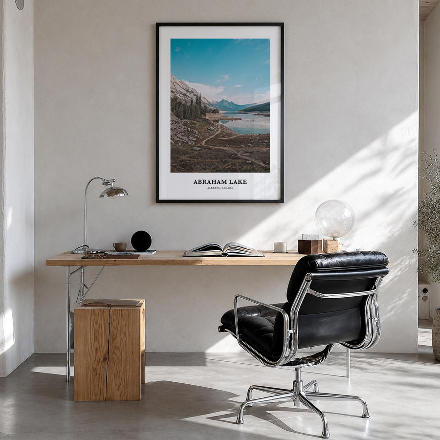 Abraham Lake colorful classic poster of Canada – vertical wall art in black wood frame, hanging on wall
