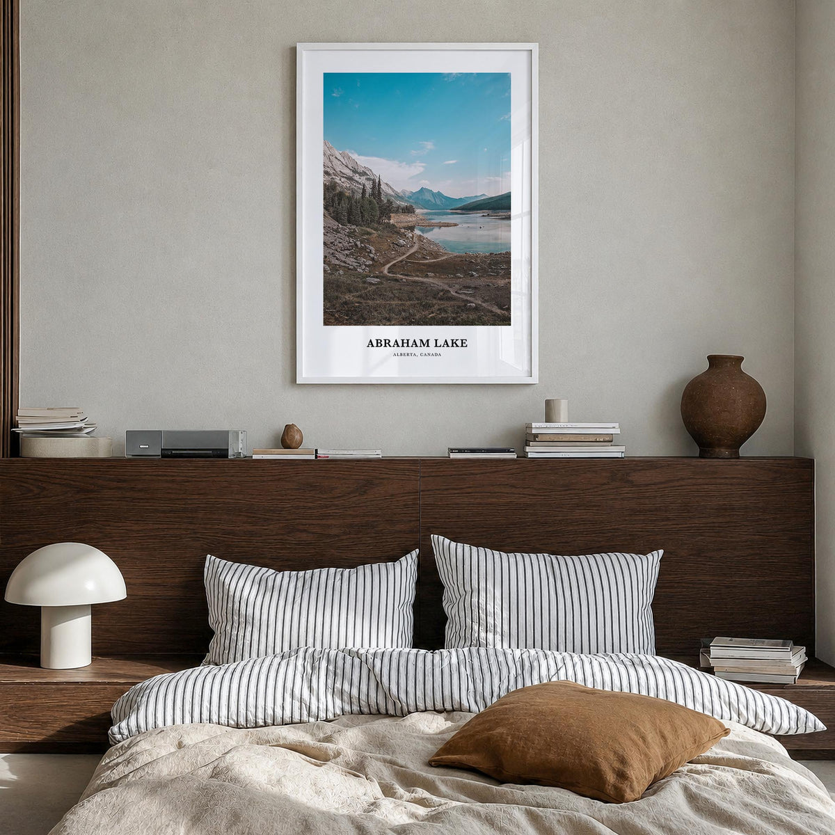 Abraham Lake colorful classic poster of Canada – vertical wall art in white wood frame, hanging on wall