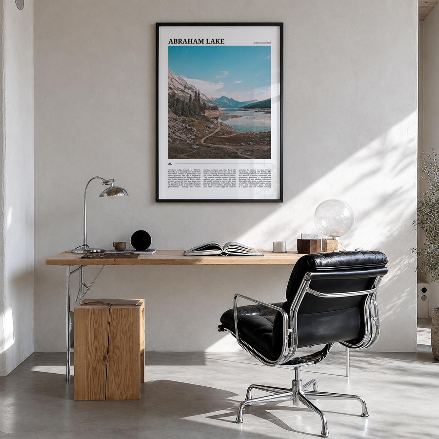 Abraham Lake colorful travel poster of Canada – vertical wall art in black wood frame, hanging on wall