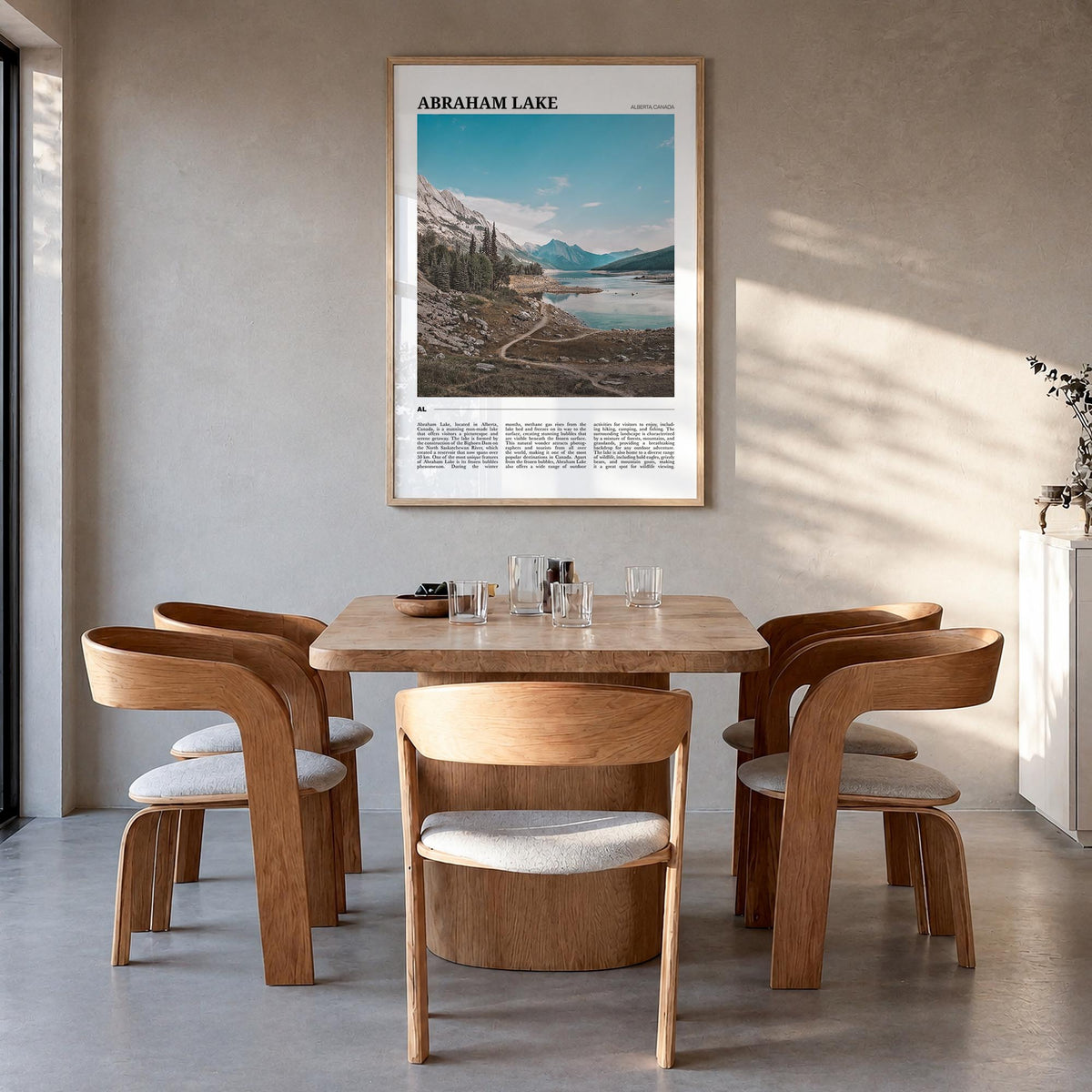 Abraham Lake colorful travel poster of Canada – vertical wall art in natural wood frame, hanging on wall