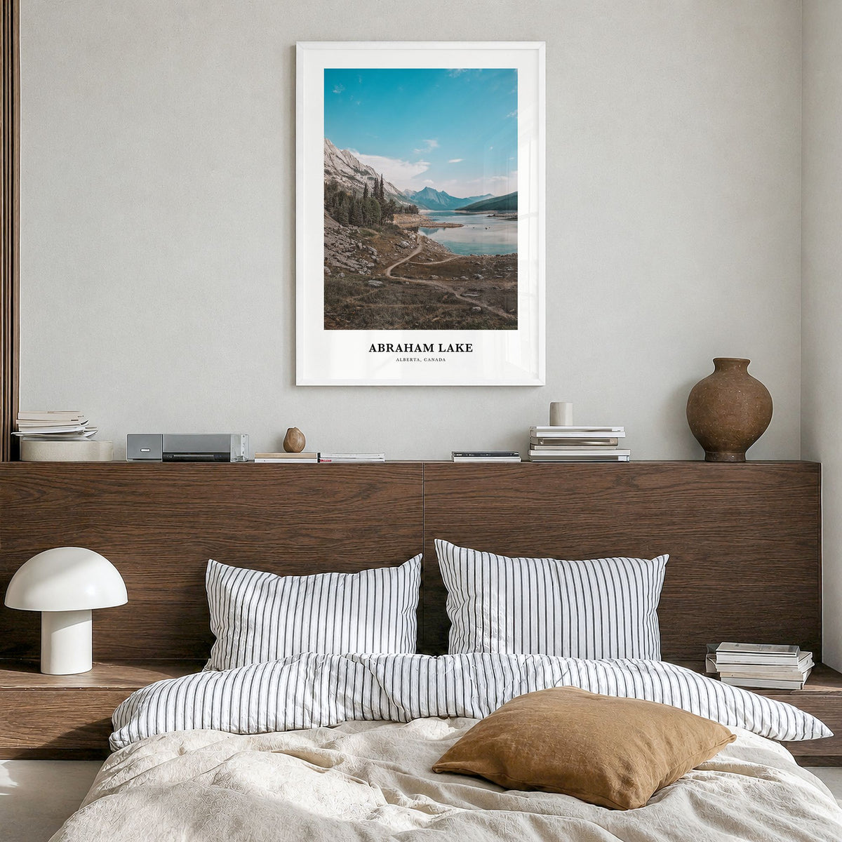 Abraham Lake Classic Poster in a white wood frame, hanging in a bedroom