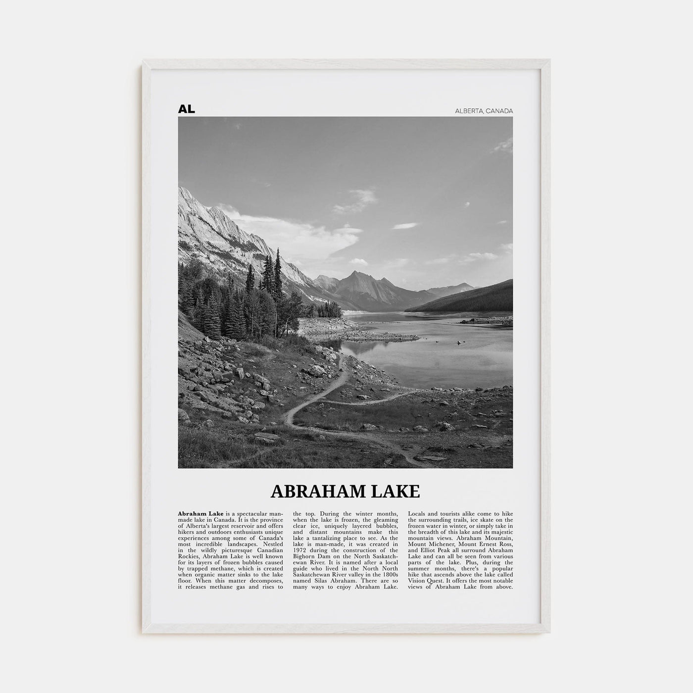 Abraham Lake Poster White Wood / 8x12 in Nbourhood Travel B&W Poster