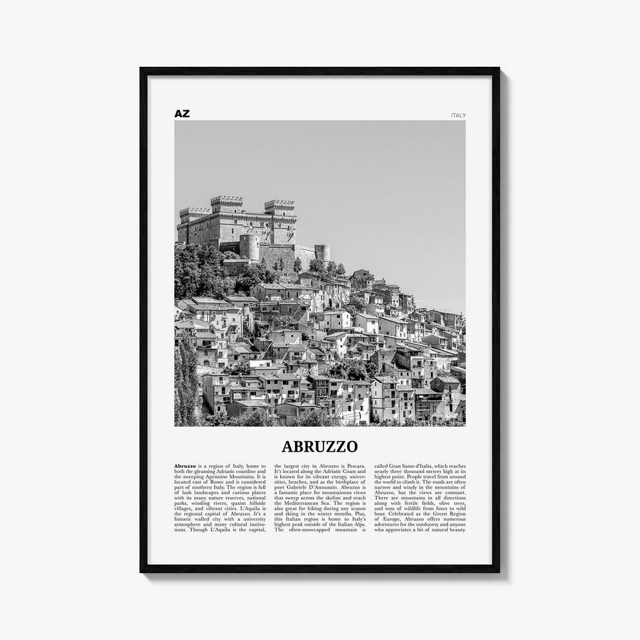 Abruzzo no. 1 black & white newspaper poster of Italy – vertical wall art, unframed print shown in interior mockup