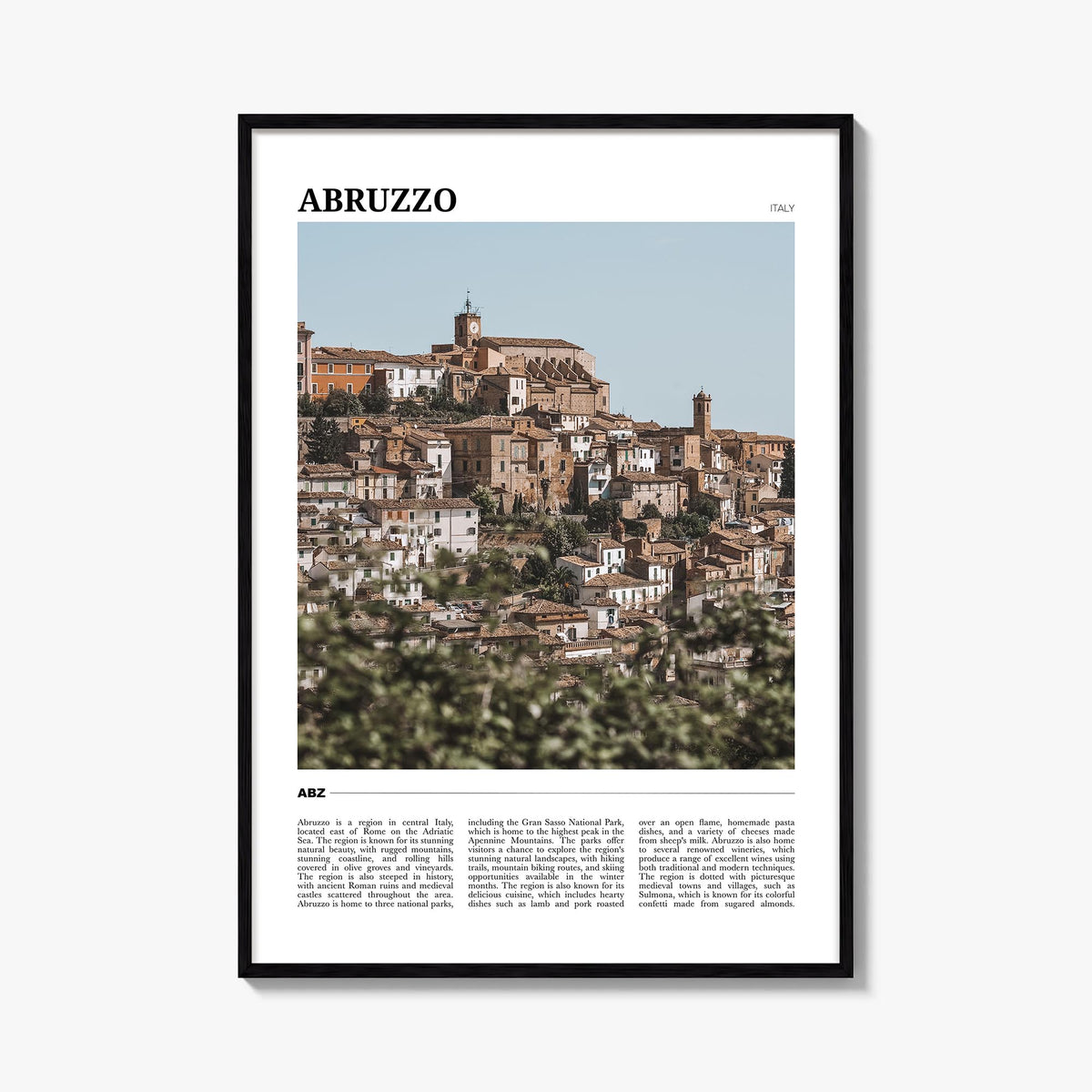 Abruzzo no. 1 colorful travel poster of Italy – vertical wall art, unframed print shown in interior mockup
