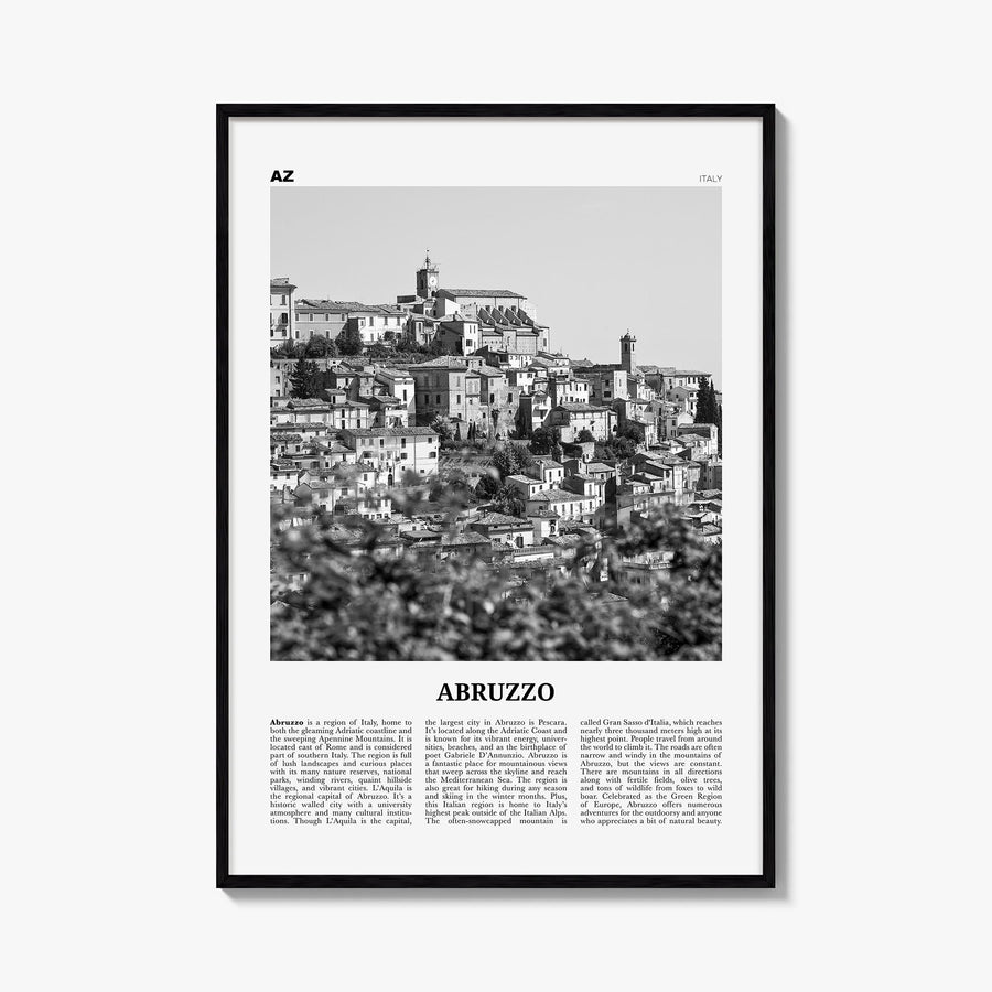 Abruzzo no. 2 black & white newspaper poster of Italy – vertical wall art, unframed print shown in interior mockup