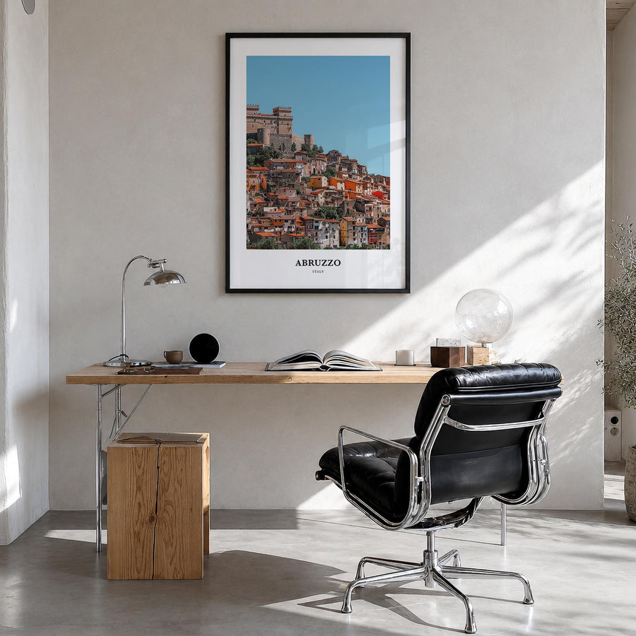 Abruzzo no. 2 colorful classic poster of Italy – vertical wall art in black wood frame, hanging on wall