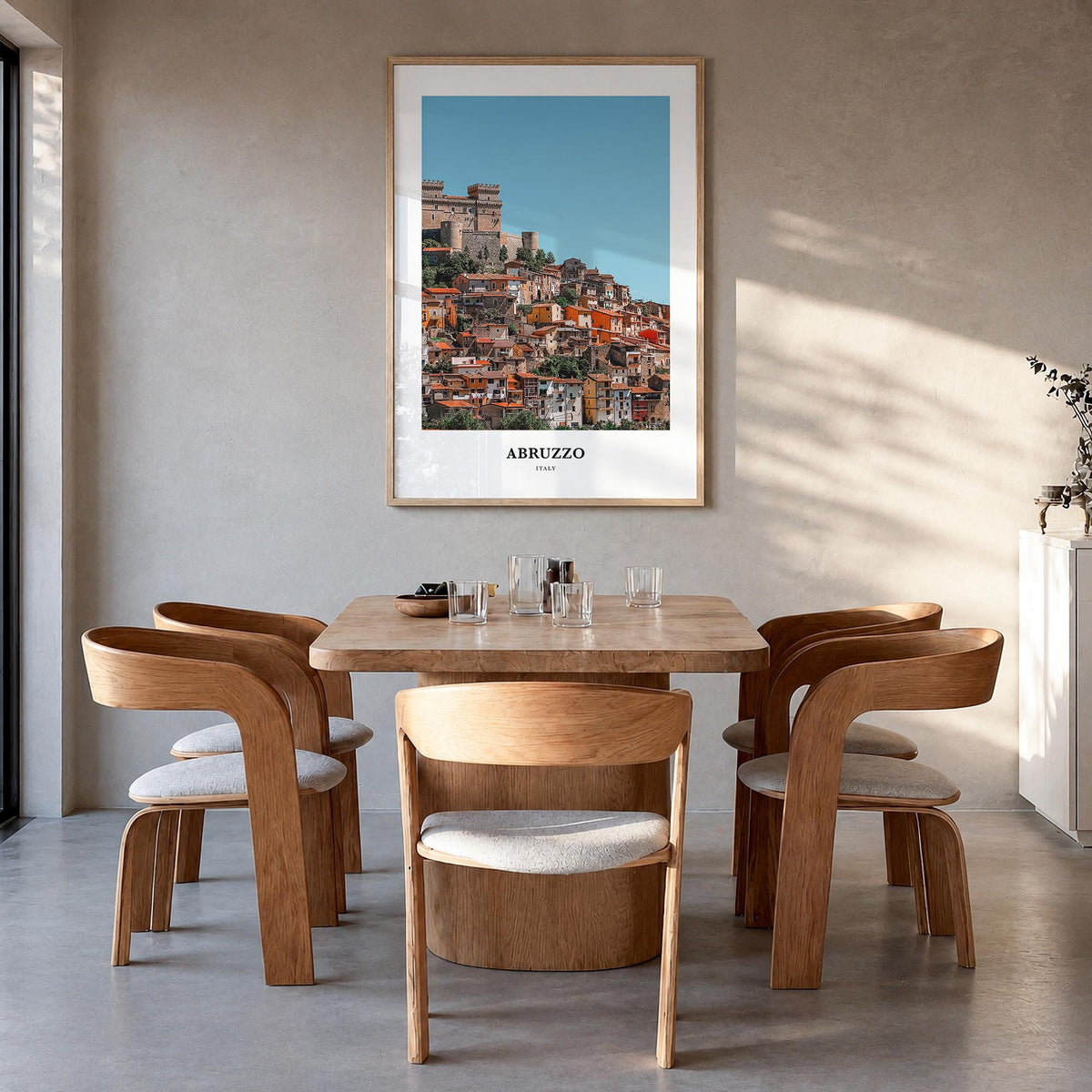 Abruzzo no. 2 colorful classic poster of Italy – vertical wall art in natural wood frame, hanging on wall