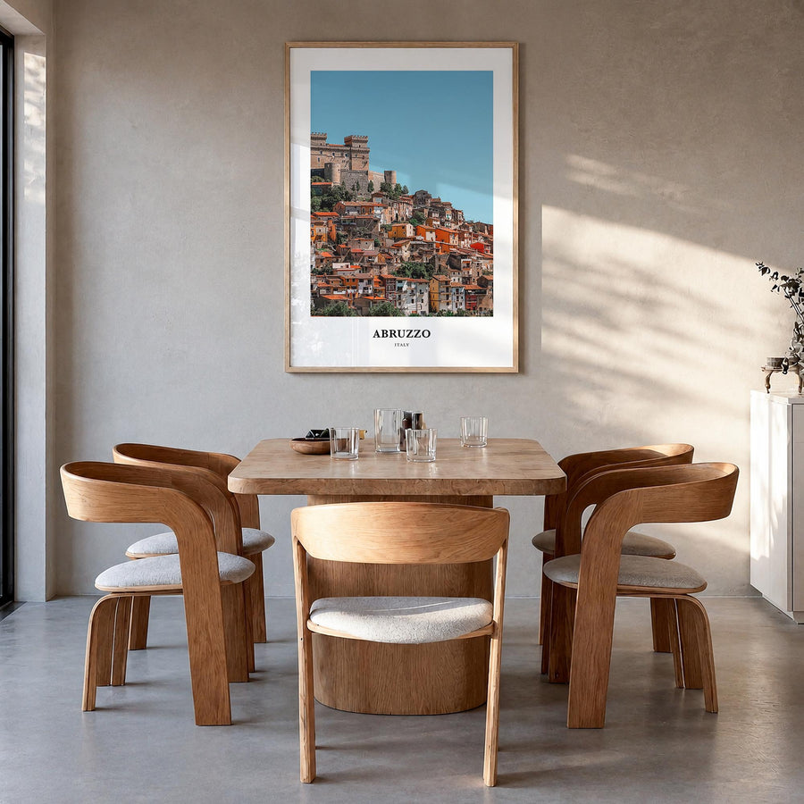 Abruzzo no. 2 colorful classic poster of Italy – vertical wall art in natural wood frame, hanging on wall