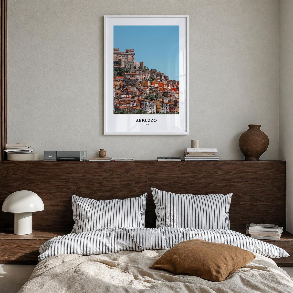 Abruzzo no. 2 colorful classic poster of Italy – vertical wall art in white wood frame, hanging on wall