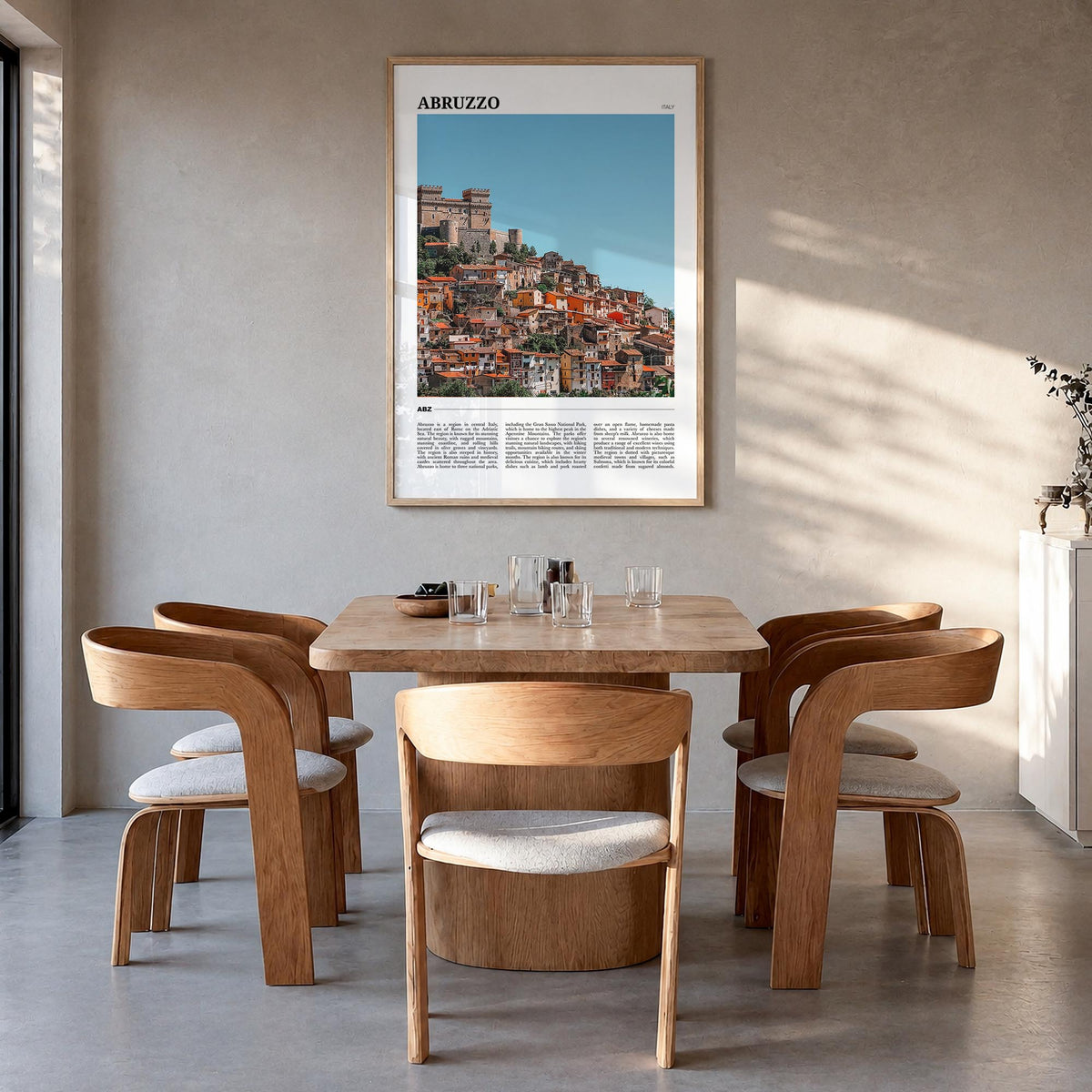 Abruzzo no. 2 colorful travel poster of Italy – vertical wall art in natural wood frame, hanging on wall