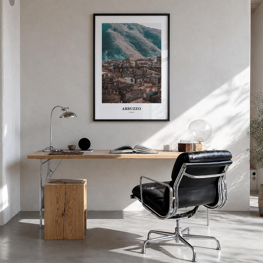 Abruzzo no. 3 colorful classic poster of Italy – vertical wall art in black wood frame, hanging on wall