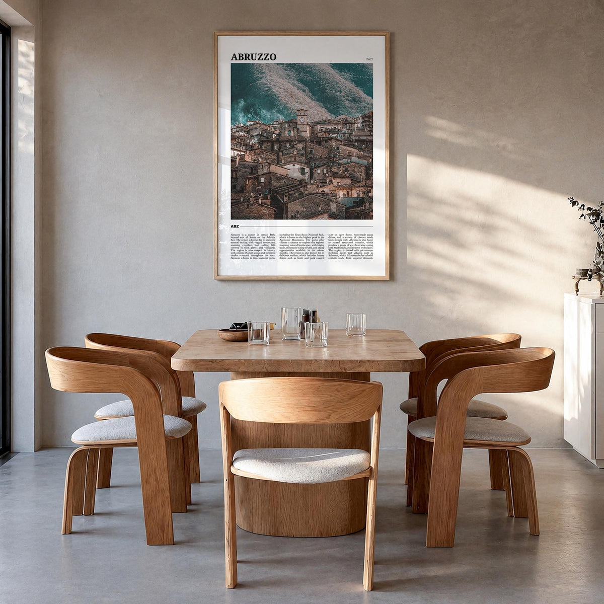 Abruzzo no. 3 colorful travel poster of Italy – vertical wall art in natural wood frame, hanging on wall