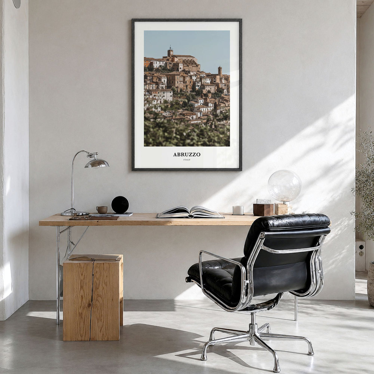 Abruzzo Classic No 1 Poster in a black wood frame, hanging in a bright home office