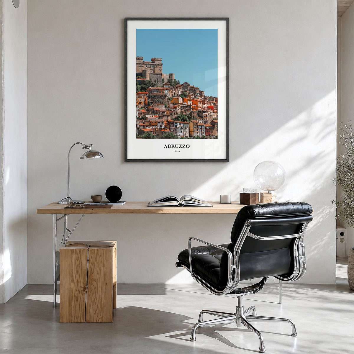 Abruzzo Classic No 2 Poster in a black wood frame, hanging in a bright home office