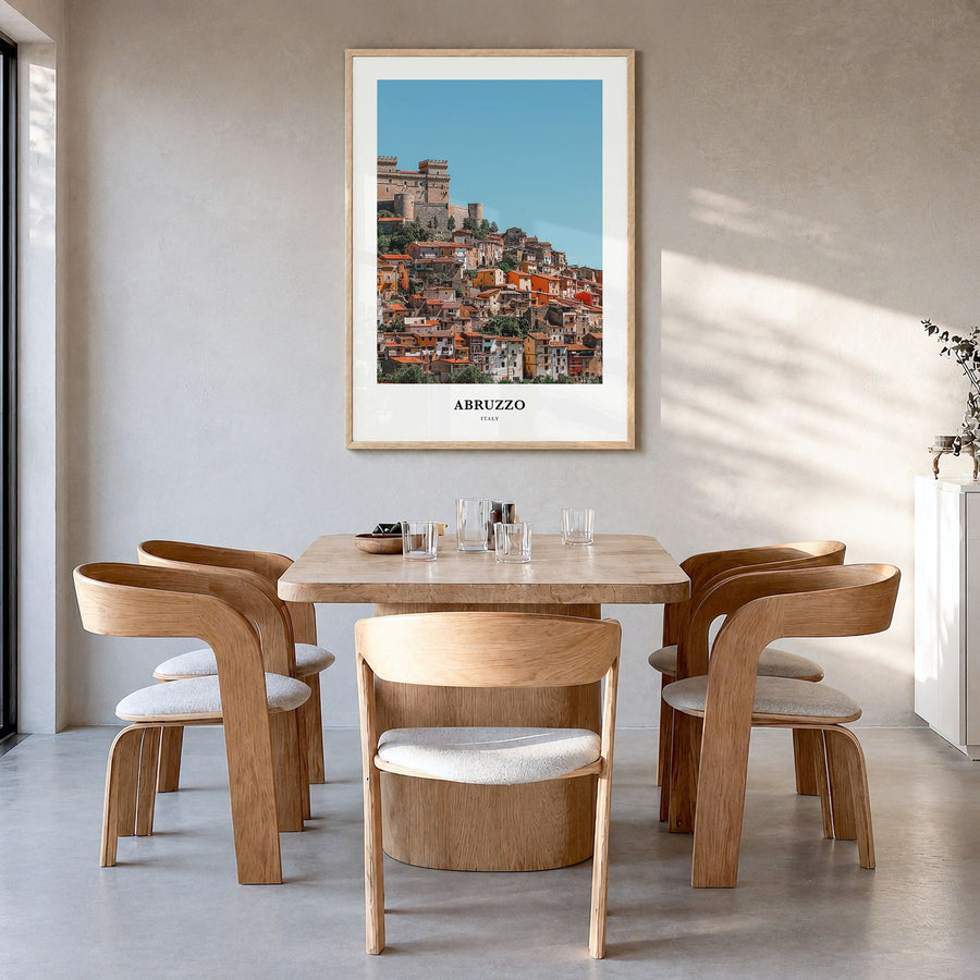 Abruzzo Classic No 2 Poster in a natural wood frame, hanging in a dining room